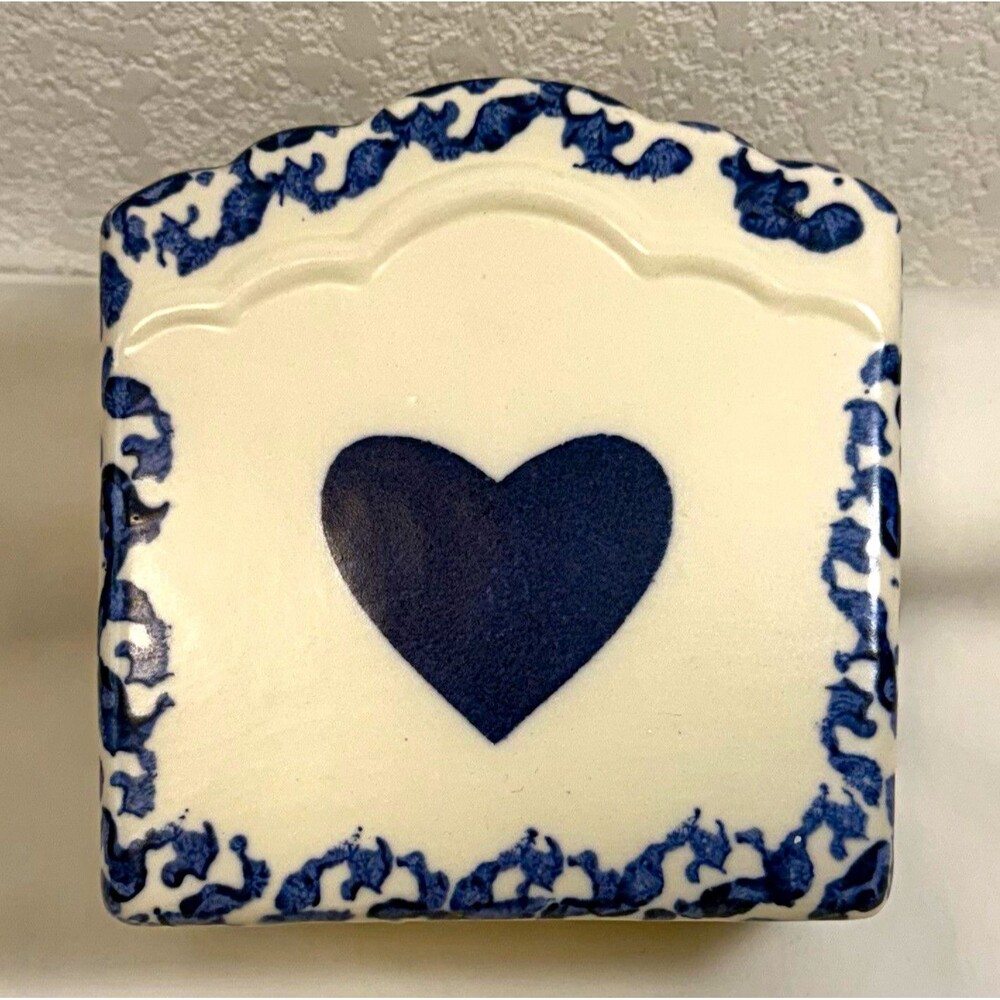 Jacquesmeier’s Handcrafted Blue White Spongeware Heart Pottery Napkin Holder